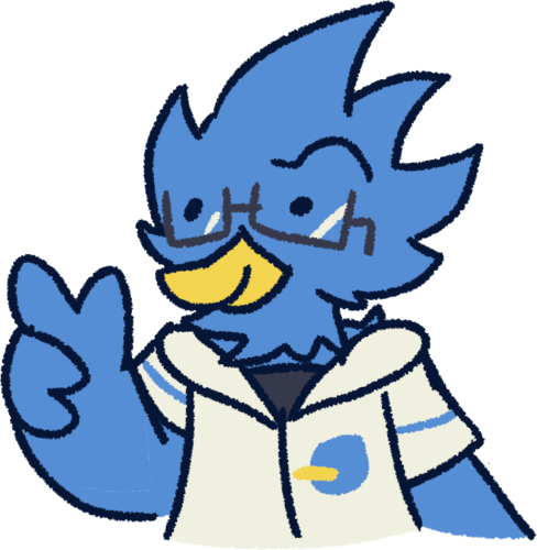  a blue anthropomorphic bird with a yellow beak wearing a pair of rectangular glasses. He is wearing a green jacket with a smaller bird emblem and a black undershirt underneath the jacket. His left hand is pointing up and he has a smug expression on his face.